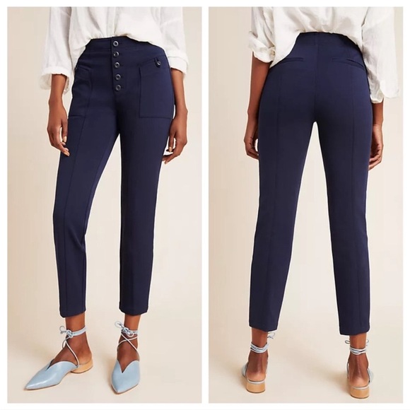 New by Anthropologie Bryson Tapered Pant Trouser Navy Blue Size 4 Office ANTHRO - Picture 2 of 10